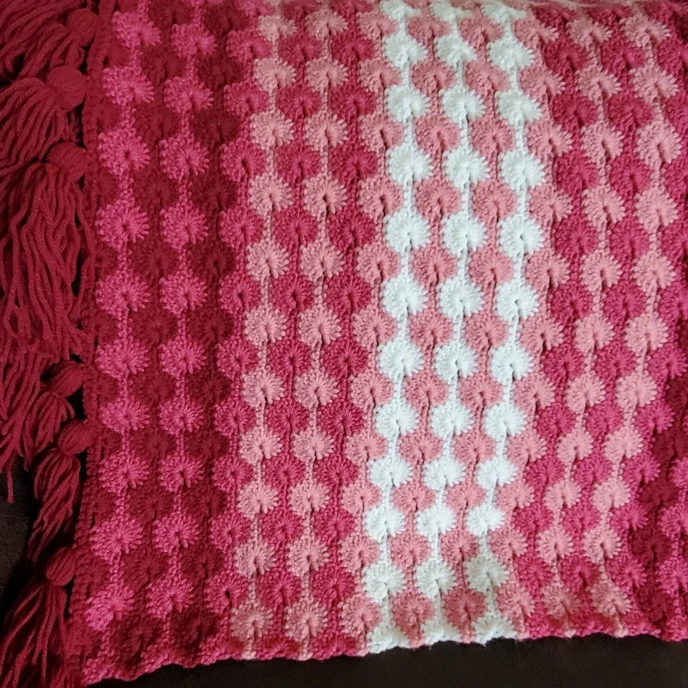 Afghan Handmade Maroon pink white 62L x 36W w/ 6
